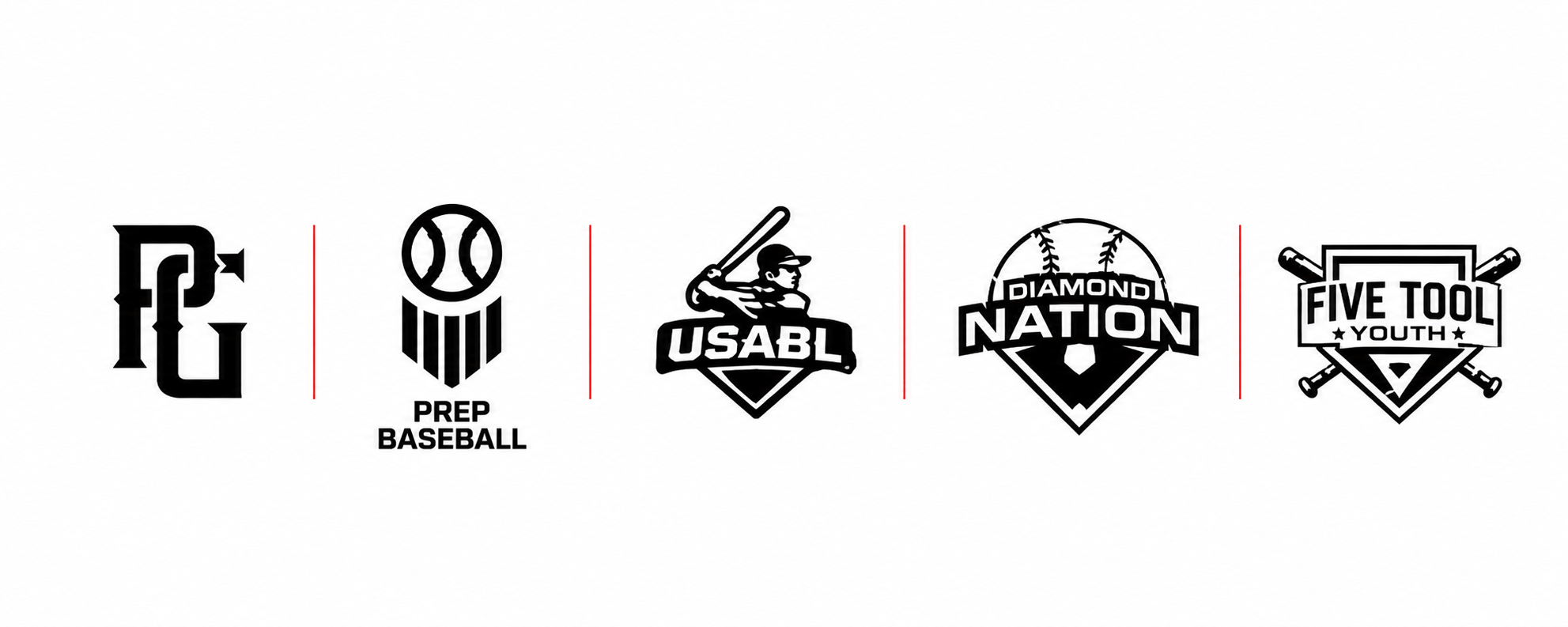 Perfect Game, Prep Baseball, USABL, Diamond Nation, and Five Tool Youth logos